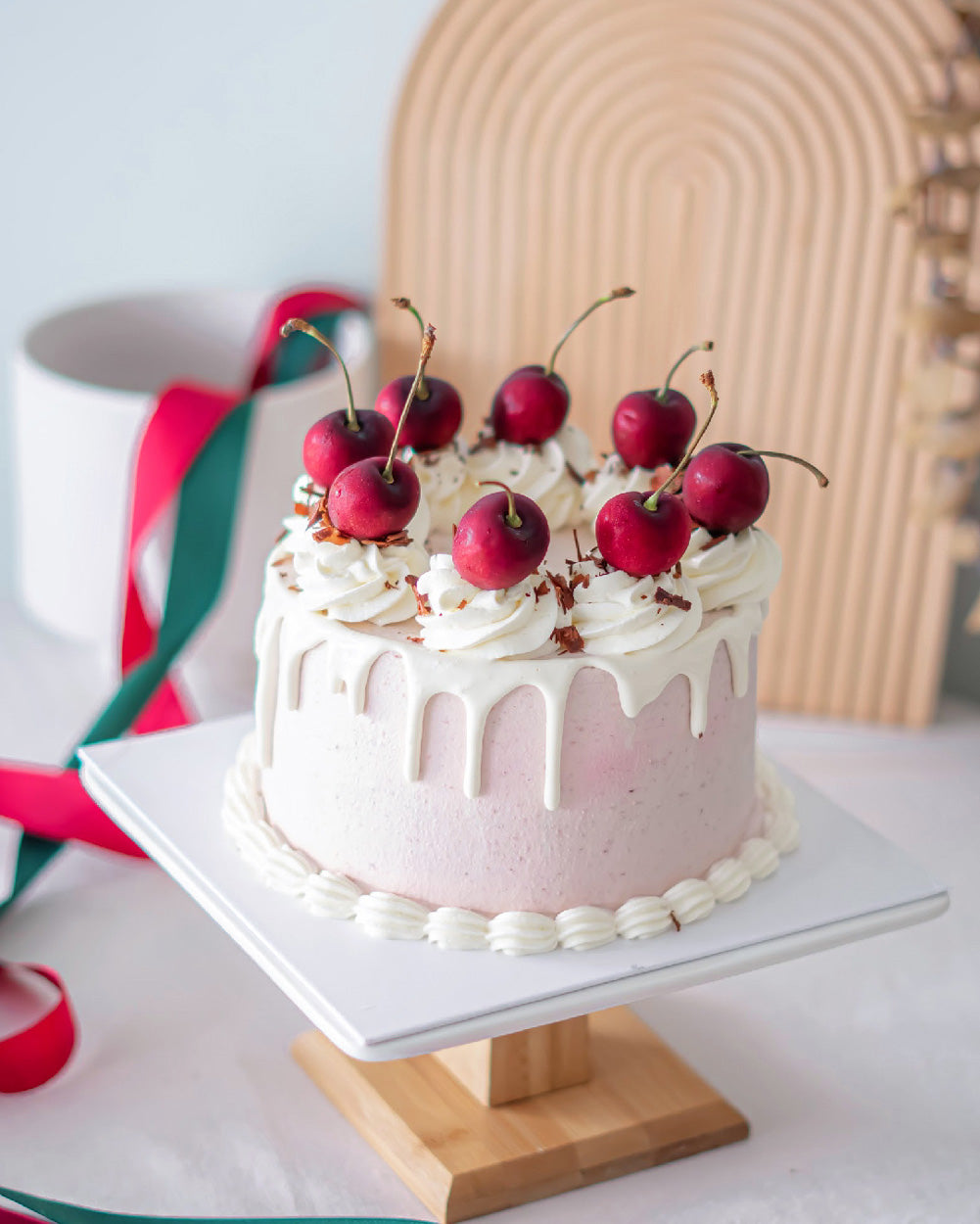 Black Forest Cake decorated with real cherries